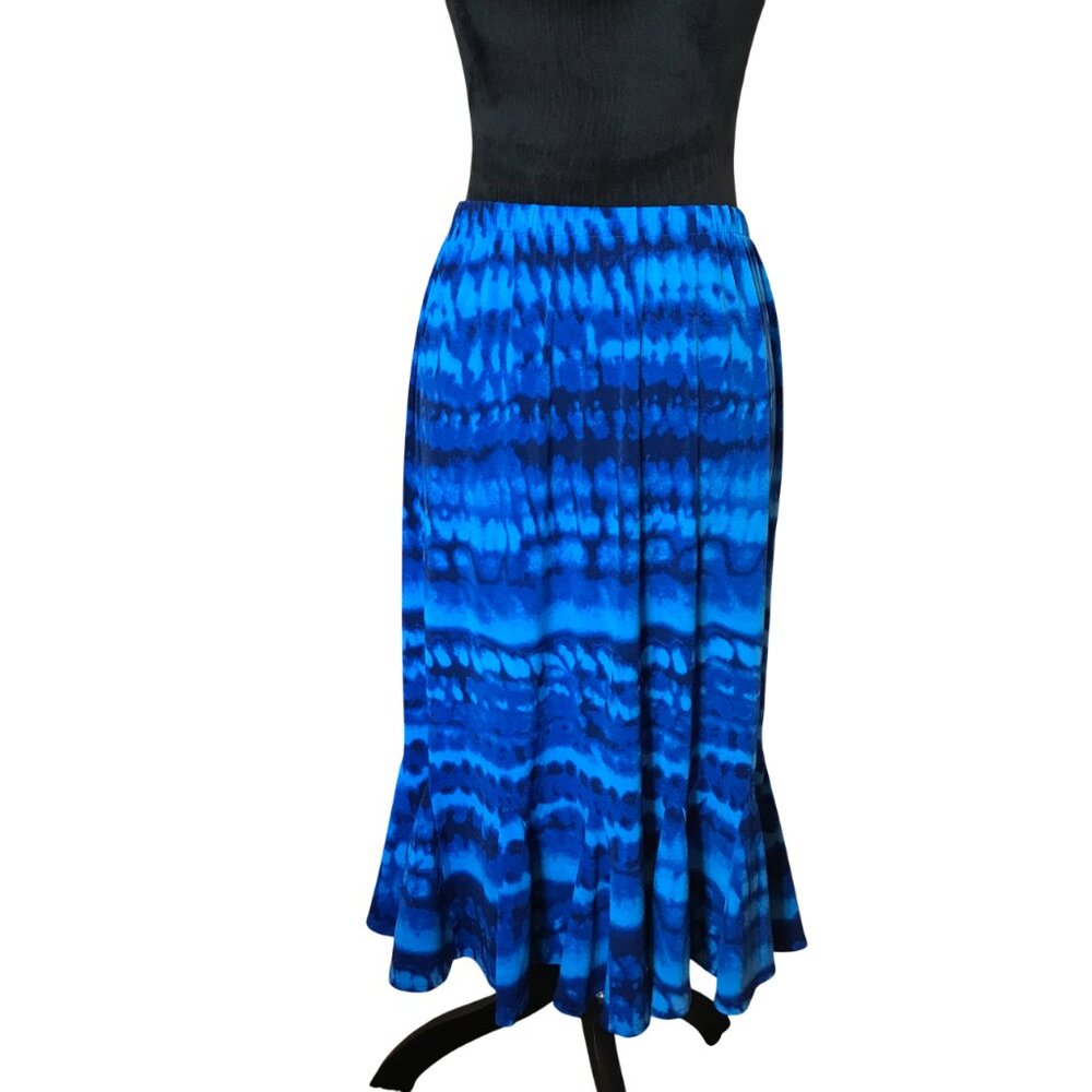 TanJay Tie-Dye Midi Skirt w/ Godet Ruffles, Silky-Feeling Poly Blend Blue Sz 10
